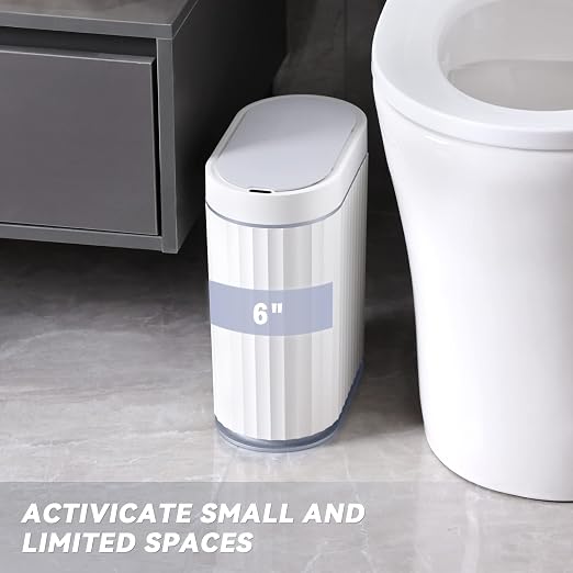 ELPHECO Bathroom Trash Can with Lid, 2 Gallon, Motion Sensor, White Grey | Automatic Garbage Can, Slim Plastic Wastebasket, Smart Trash Bin for Bedroom, Bathroom and Office