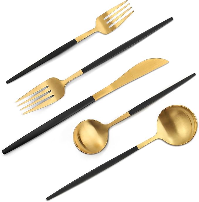 VANVRO Matte Black Gold Silverware Set, 20-Piece Stainless Steel Flatware Set, Satin Finish tableware Cutlery Set, Service for 4, Home and Restaurant, Dishwasher Safe