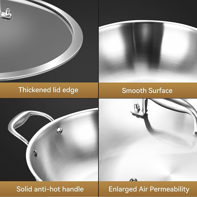 LOLYKITCH 12-Inch Stainless Steel Wok with Lid | 5-Quart | Dual Handles | Uncoated Tri-Ply Stir Fry Pan | Everyday Cooking Wok for Induction | Flat Bottom | PFOA-FREE | 3-4 Servings ﻿