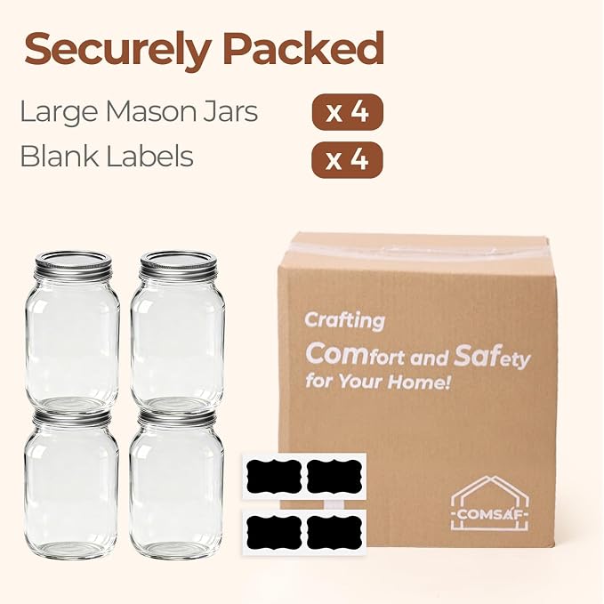 ComSaf 32 oz Wide Mouth Mason Jars 4 Pack Large Glass Jars with Lids | BPA-Free Materials, Quart Size, Chunky Salsa, Canning Pickling Sauce, Meal Prep Salad, Sourdough, Jam Jelly, Meal Prep