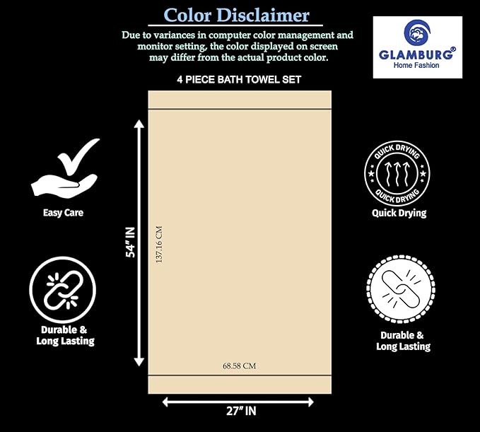 GLAMBURG Premium Cotton 4 Pack Bath Towel Set - 100% Pure Cotton - 4 Bath Towels 27x54 - Ideal for Everyday use - Ultra Soft & Highly Absorbent - Teal