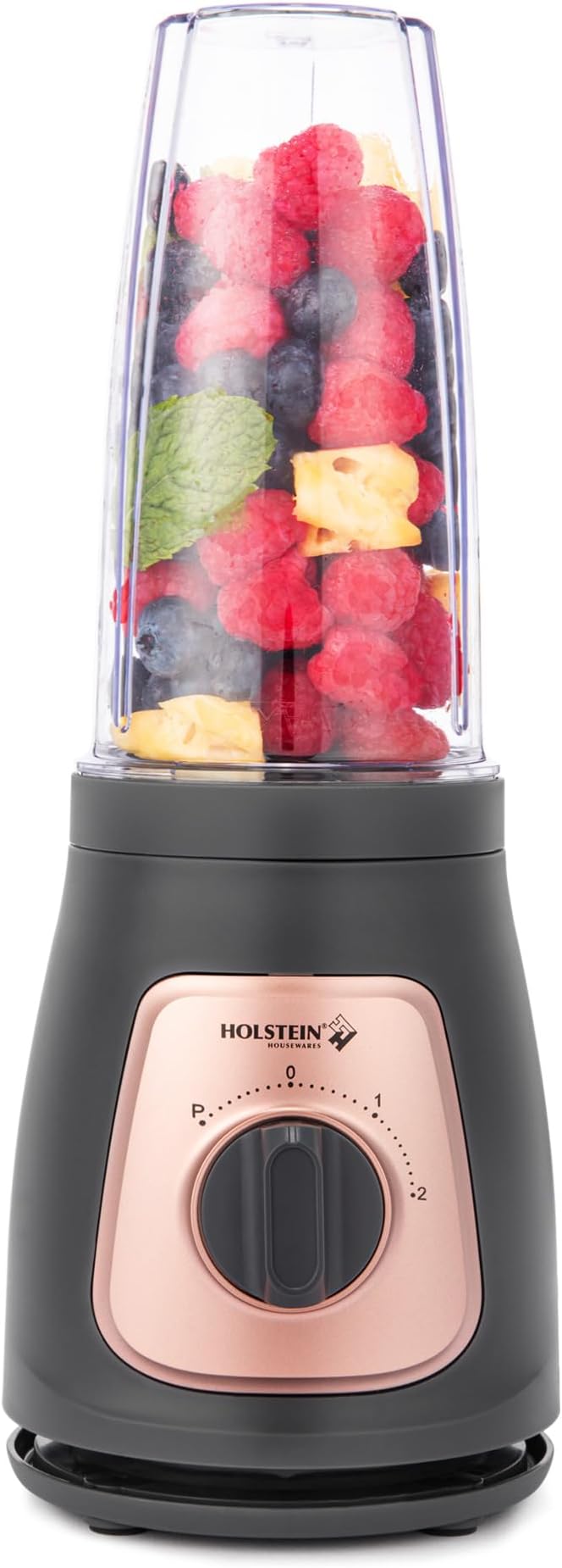 Holstein Housewares Personal Blender – 25 oz Travel Jar, Two-Speed Knob with Pulse Function, Stainless Steel Blades, Compact & Portable, Cool Grey/Rose Gold