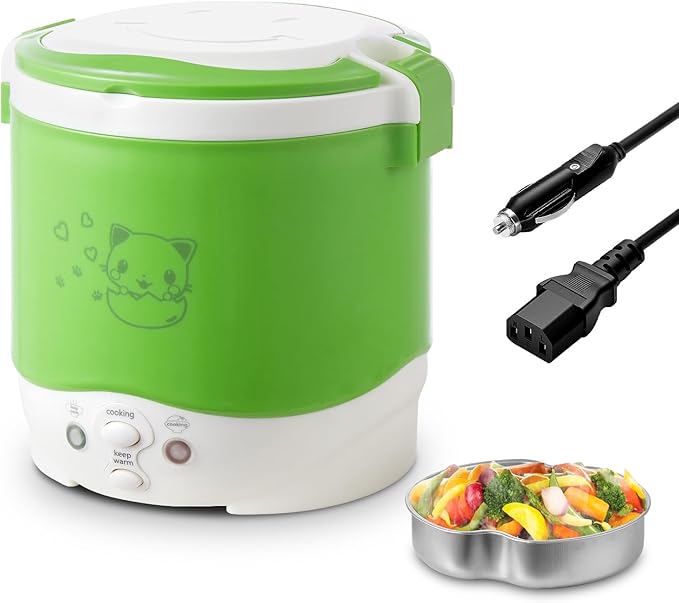 OSBA 12V Rice Cooker for Car 1L Mini Rice Cooker with Steamer, Green | 2Cup Portable Travel Rice Cooker for 1-2 People, Cooking Heating & Auto Keeping Warm Function, Used as an Electric Lunch Box