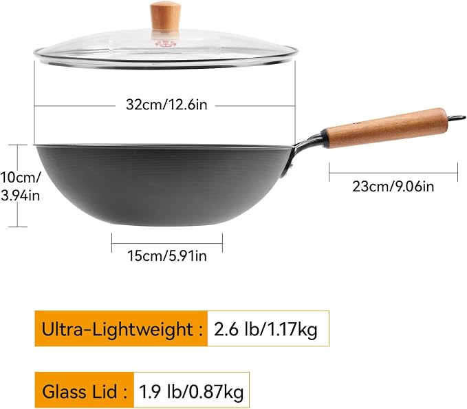 WANGYUANJI Carbon Steel Wok Pan - 12.6 Inch Flat Bottom Wok, Premium Stir Fry Pan, Uncoated Iron Woks for Induction Cookware and Gas Stoves