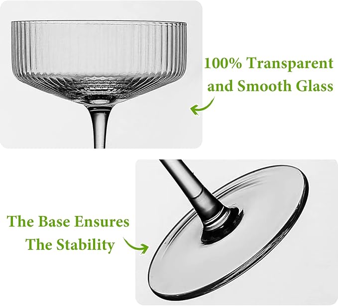 Qipecedm® 4 Pcs Ribbed Coupe Glasses, 10 oz Vintage Coupe Glass Set, Unique Martini Glass, Classic Cocktail Galssware, Bar Drinking Glasses Set Pefect for Cocktail, Wine, Champagne & Gift