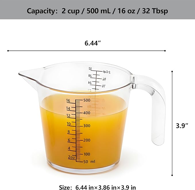 2 Cup (500ml) Measuring Cup, Laser-Etched oz/cup/mL/Tbsp, Plastic Measuring Cup with Handle for Cooking, Mixing & Kitchen Use