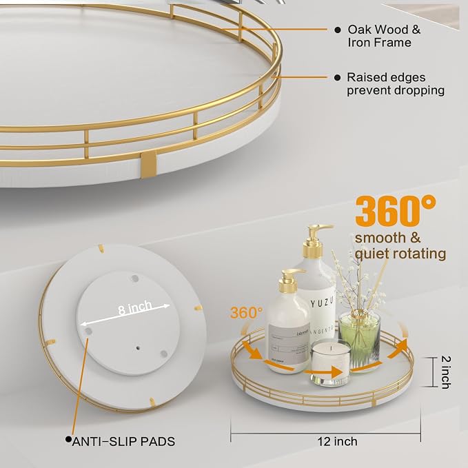 Oroyutor 12-Inch White Wooden Lazy Susan Spice Organizer with Gold Rail | Rotating oak tray organizes spices, toiletries and decor on kitchen counters, bathroom vanities, dining and coffee tables.
