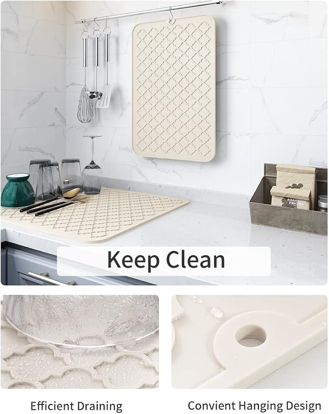 AMOAMI-Dish Drying Mats for Kitchen Counter-Silicone Dish Drying Mat-Kitchen Dish Drying Pad Heat Resistant Mat-Kitchen Gadgets Kitchen Accessories Kitchen Small Appliances(12" x 16", BEIGE)