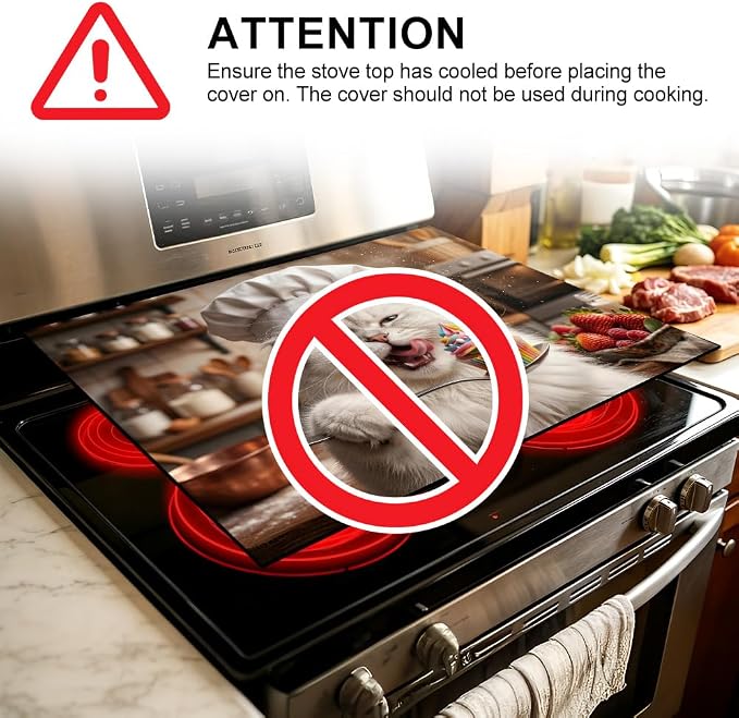 Funny Cat Stove Top Cover for Electric Stove, 28x20 In Glass Mat | Heat-resistant non-slip mat holds hot cookware; cooktop protector, dish drying; cute kitten cupcake cat lover kitchen decor