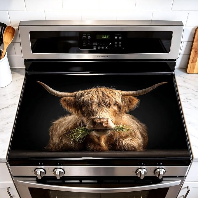 Highland Cow Stove Top Cover, Farmhouse Kitchen, 28x20 in | Photorealistic highland cow close-up on black; non-slip washable mat; protects glass and electric cooktops; 28.4 x 20.5 in