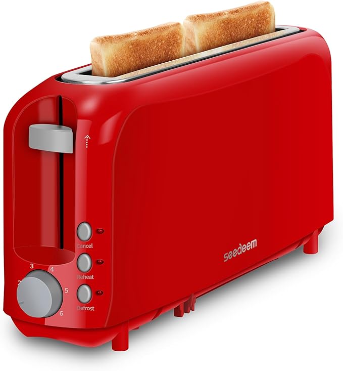 SEEDEEM 2 Slice Slim Toaster, 10" Long Slot, 6 Shade Settings, Red | Long Slot, 6 Shade Settings, Cancel/Reheat/Defrost, Removable Crumb Tray