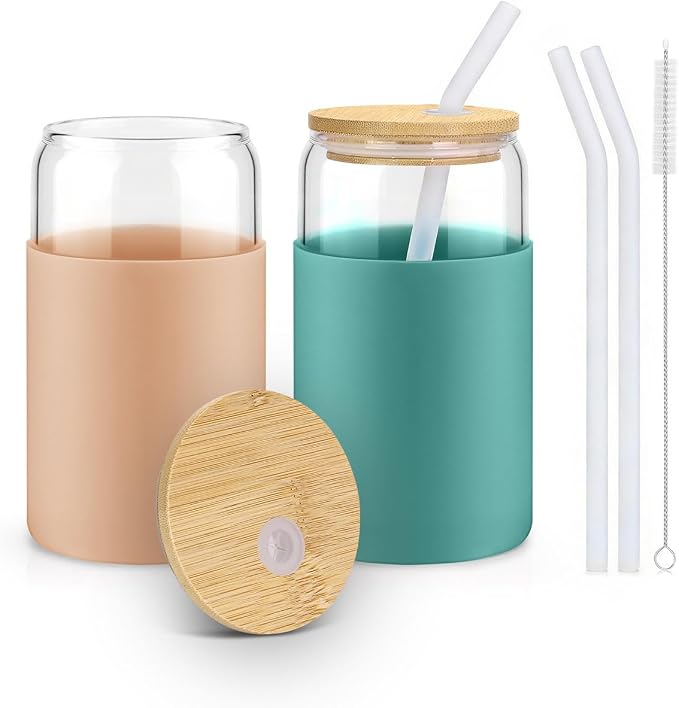 16 oz Glass Cups with Lids - 2 Pack Iced Coffee Cups with Silicone Sleeves | Anti-Slip, Bamboo Lids, Iced Coffee Cup, Home Essential, Coffee Bar Accessories, Glass Tumbler, Reusable, Matcha Cup
