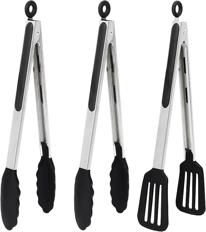 12 Inch Kitchen Tongs Set of 3, Silicone Tongs with Silicone Tips | Stainless Steel Handle, Non-Scratch, Heat Resistant, for Cooking, Baking, Grilling
