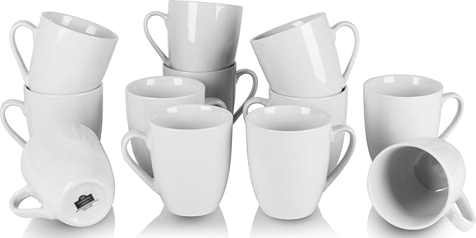 10 Strawberry Street Catering Ceramic 12 oz Coffee Mugs, Round, Set of 12, White - Coffee Cups for Coffee, Tea, Latte and Hot Beverages for Everyday Use, Microwave and Dishwasher Safe