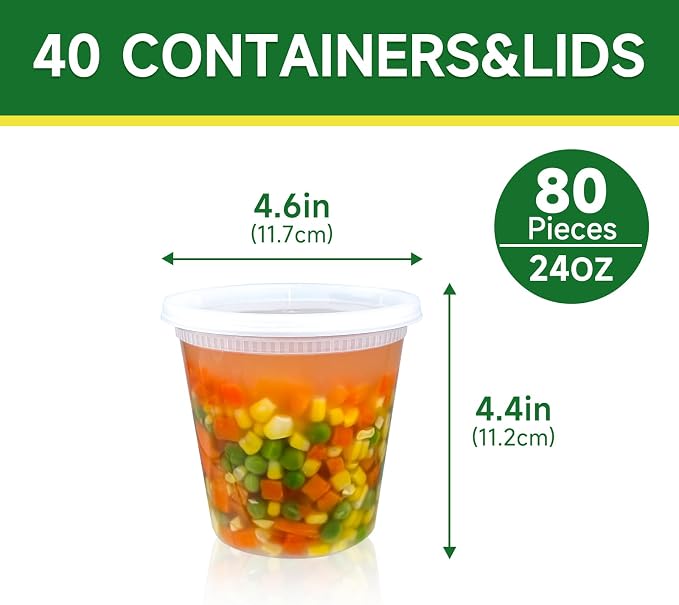 Dealusy 40 Set 24 oz Deli Containers with Lids | Leak-Proof BPA Free Plastic Take Out Bowls, Food Storage Containers for Takeout, Freezer, Microwave & Dishwasher Safe