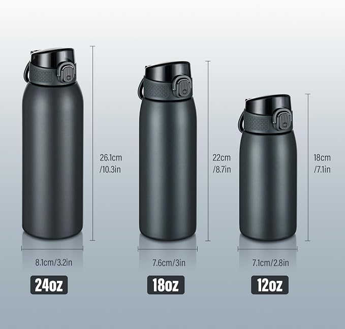 Insulated Water Bottle 24 oz with Dustproof Lid, Carry Handle & Tea Infuser, BPA-Free & Leakproof, Stainless Steel Water Bottles Ideal for Fitness, Hiking, Office & Outdoor Use (Cold Gray)