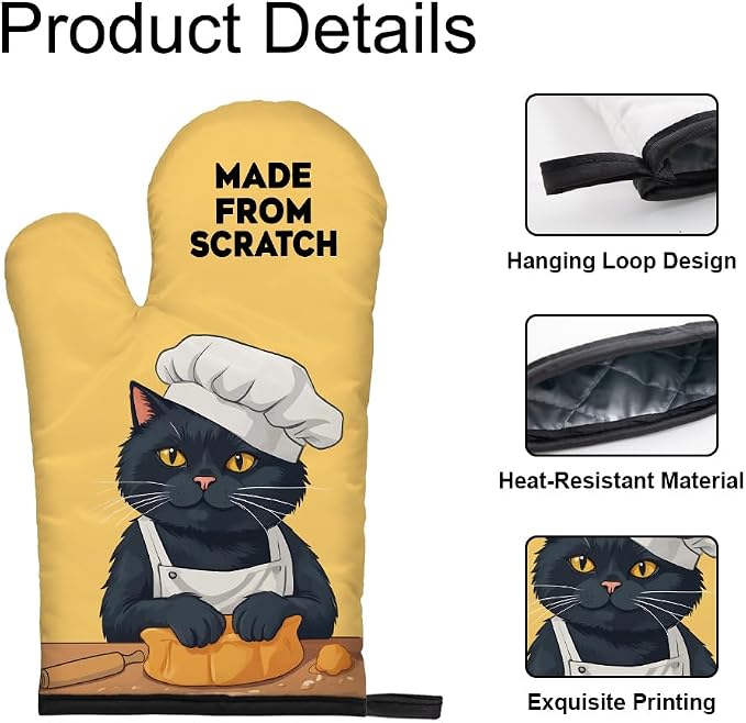 DYJYBMY Made from Scratch Funny Cat Oven Mitts and Pot Holder Set, Funny Kitchen Gadgets for Women Cat Lover, Birthday Gifts for Bake Lover Chef Cat Mom, Baking Gifts for Mom Wife Sister BFF Friend