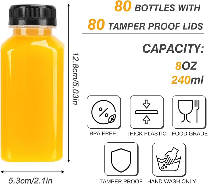 80pcs 8oz Plastic Juice Bottles with Caps, Sticker Labels, Brush | Empty Reusable Clear Bottles with Lids Labels, Funnel and Brush Beverage Containers Bulk with for Juicing, Smoothies, Fridge