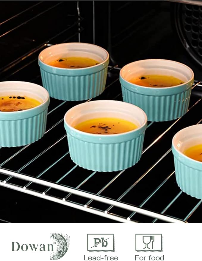 DOWAN 8 oz Ramekins for Creme Brulee, Porcelain Ramekin Oven Safe, Classic Style Ramekins for Baking Souffle Dishes Small Bowls, Set of 6, Blue