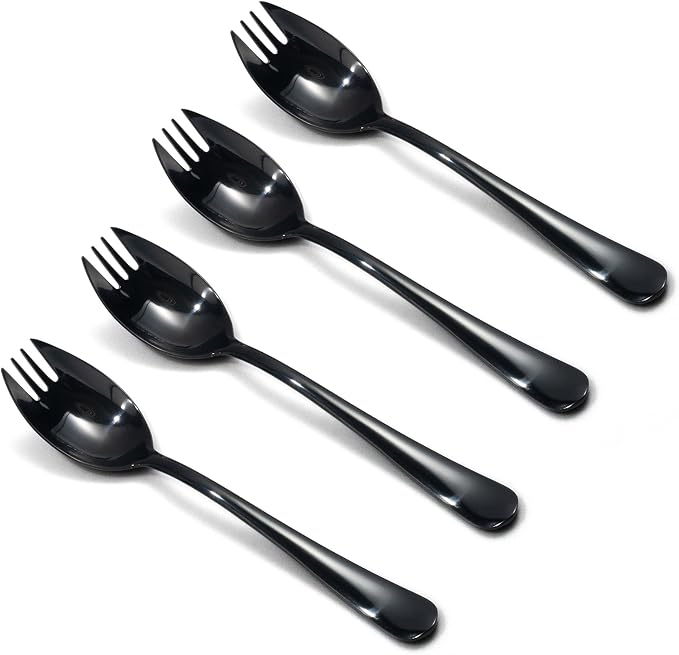 Alata Black Mirror Sporks 4-Pack Set Stainless Steel Sporks, 7.4 Inches Long Handle Salad Forks For Dessert, Ice Cream, Salad, Soup, Noodle, Spaghetti, Dishwasher Safe