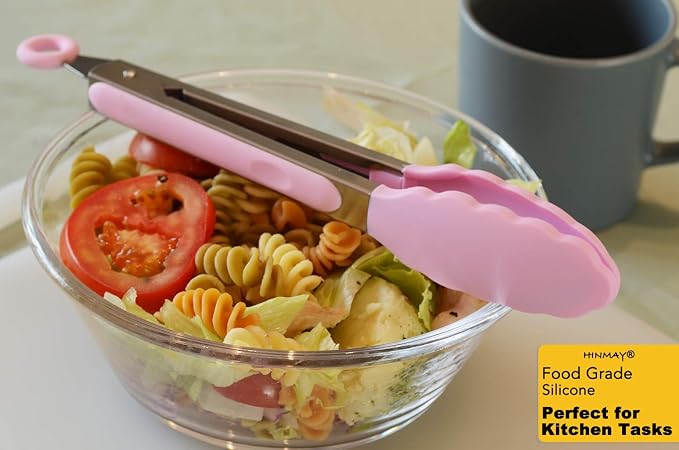 HINMAY Serving Tongs with Silicone Tips 9-Inch Food Tongs, Set of 3 (Pink)