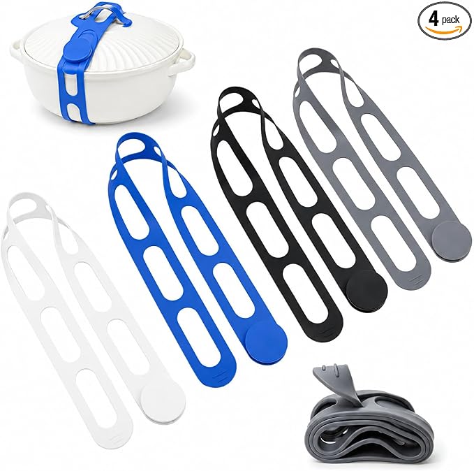 4 Pack Lid Latch for Pots, Reusable Silicone Crock Pot Lid Strap, Adjustable Lid Latch for Slow Cooker, Pot Lid Holder, Food Grade Stretch Tie for Travel, Transport and Storage