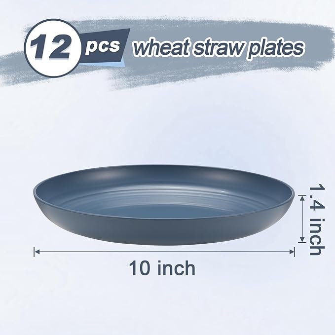 HEYCOME 12 Pcs Unbreakable Deep Dinner Plates Set, 10 inch Reusable Plastic Wheat Straw Plates, Microwave and Dishwasher Safe Plate for Kitchen, Lightweight Plate for Dessert, BPA Free, Dark Blue