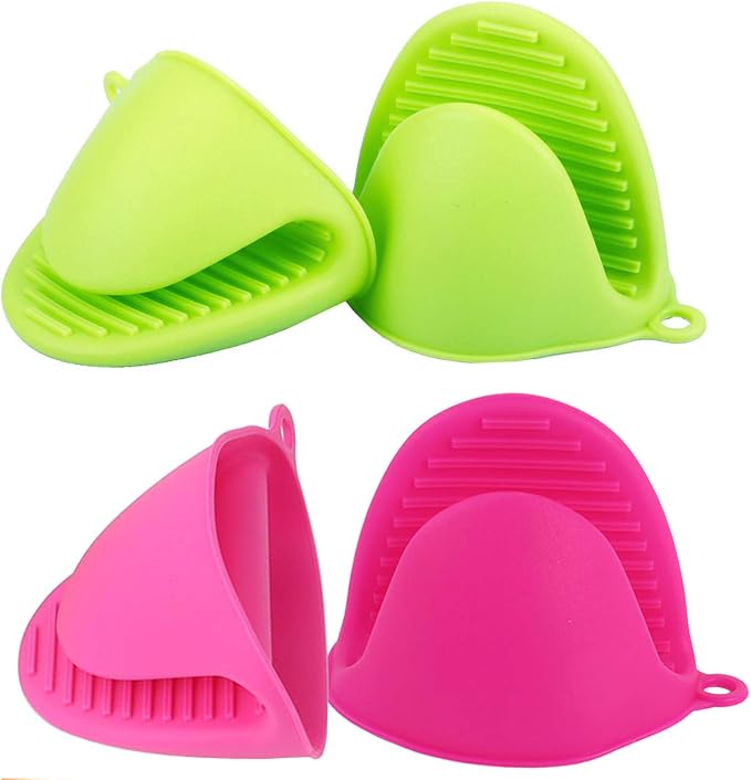 2 Pairs Mini Oven Gloves Silicone Oven Mitts Green and Rose Red | Silicone Heat Resistant Cooking Pinch Mitts Potholder for Kitchen Cooking & Baking