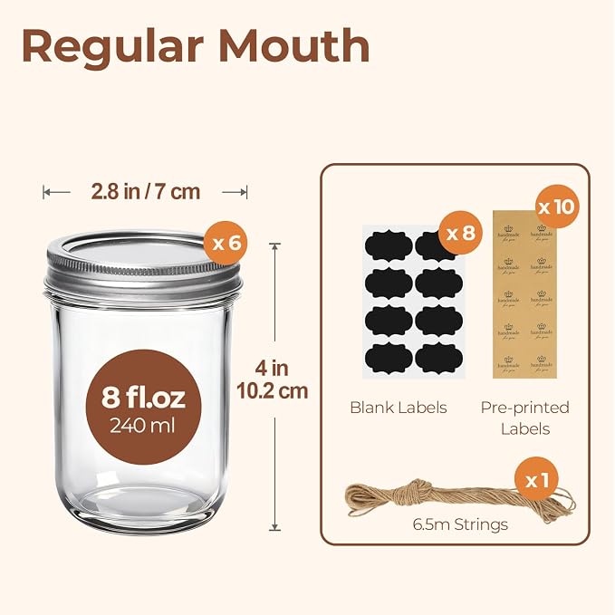 ComSaf 8 oz Mason Jars, 6 Pack Small Regular Mouth Glass Jars with Lids | BPA-Free Materials, Half-Pint Portions, Small Jam, Jelly, Honey Sample, Spice Rack, Meal Prep, DIY Candles, Labels and Twine