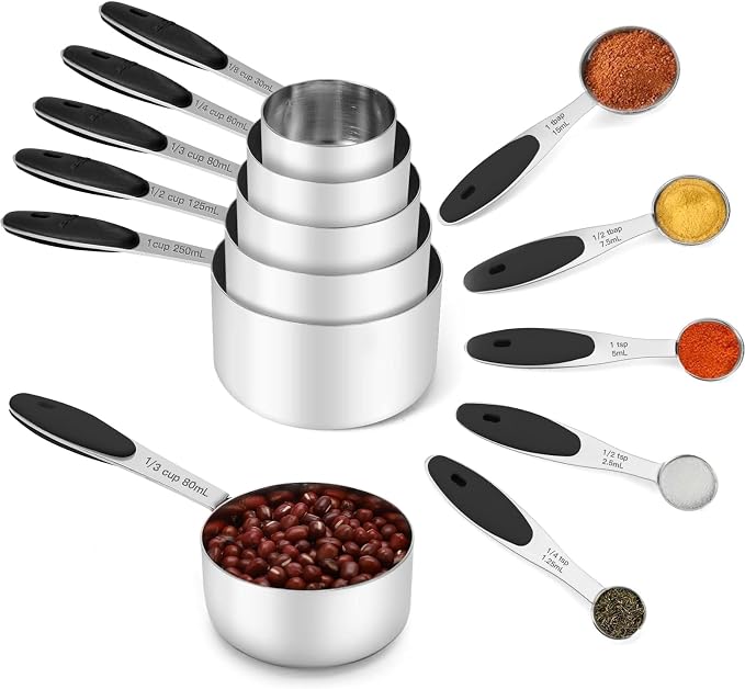 JOYHILL Measuring Cups and Spoons Set 304 Stainless Steel 10-Piece Black | BPA-Free Silicone Handles, Etched Markings, Nestable Design, Dishwasher Safe for Dry & Liquid Ingredients