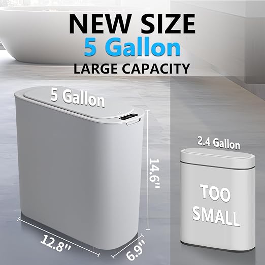 TIPGO 5 Gallon Automatic Bathroom Trash Can with Lid, Gray, Touchless | Motion Sensor, Slim Smart Garbage Bin, Plastic Wastebasket, Battery Operated, Manual Button, for Bedroom, Office,RV