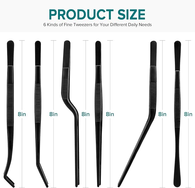 Kitchen Tweezer Tongs Set for Chef Food Plating, 6 Pcs, 8", Black | Stainless Steel, Small Chef Food Culinary Bar Thin Skinny Tweezers Tongs, Cooking Tweezers Set, For Baking Decorating Feeding