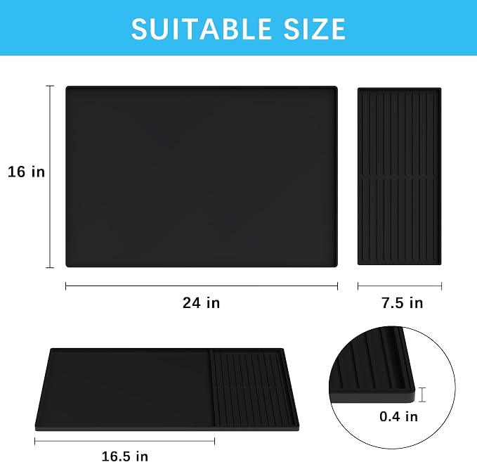 Golener Silicone Coffee Mat Set - 24" x 16" Coffee Bar Mat for Countertop, Kitchen Station Pad Accessories Fit Under Coffee Maker or Machine, Dish Drying Mat, Heat Resistant Kitchen Gadget, Black | Coffee Mat for Countertop, Waterproof Coffee Station M...