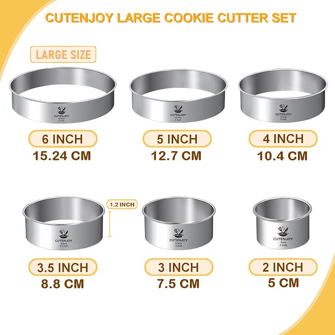 6-Piece Round Cookie Cutters (2, 3, 3.5, 4, 5, 6 Inch) Biscuit Cutter Set | Dishwasher Safe, Laser-Etched Sizes, Stainless Steel Circle Cookie Cutter for Baking, Thick Dough, Biscuits & Fondant