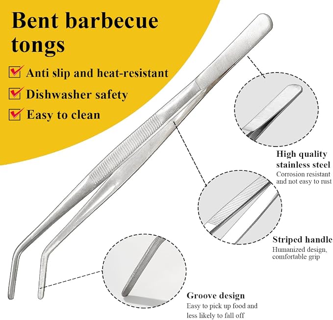 Berglander Kitchen Tweezers Tongs 2pcs, 12" Extra-Long Stainless Steel Metal Heavy Duty Cooking Tweezers for Chef, Serving Food, Grill, Culinary, Pasta, Salad, BBQ