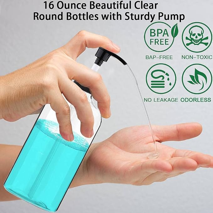 Clear Soap Dispenser with Rust Proof Pump, Waterproof Labels (1 Pack,16.9 Oz), Plastic Hand Soap Dish Soap Dispenser for Kitchen Bathroom