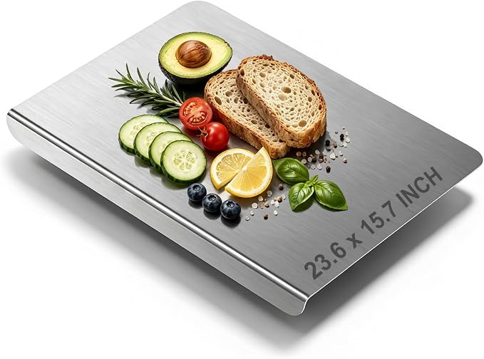Stainless Steel Cutting Board with Lip, Non Toxic Kitchen Countertop Stainless Steel Cutting Board, Dishwasher Safe Metal Chopping Board for Meat, Fruits, Vegetables, Baking (60 x 40cm/23.6 x 15.7 in)
