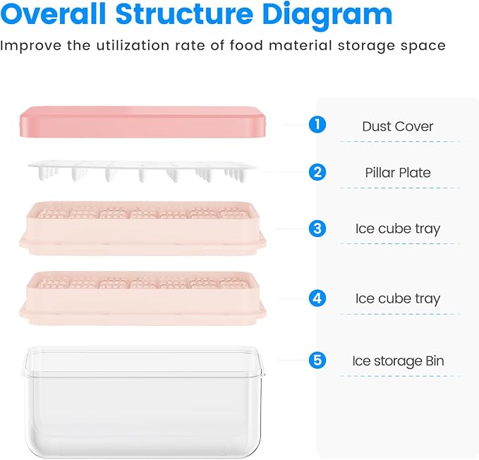 Ice Cube Tray with Lid and Bin, Easy Release 56 Cubes for Freezer | Food-grade BPA-free PP and ABS. Ice cubes for fruit, cocktails, iced coffee. Space-saving stackable with scoop