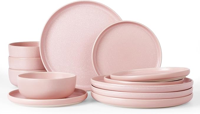 Famiware Milkyway 12-Piece Stoneware Dinnerware Set, Light Pink | Plates and Bowls for 4, Reactive Glaze Dish Set, Microwave & Dishwasher Safe, Chip & Scratch Resistant