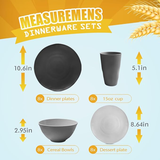 Teivio 32-Piece Plates and Bowls Sets for 8, Irregular Dinnerware Sets | Kitchen Plastic Wheat Straw Dinner Plate set, Cups, Unbreakable Dishwasher, Outdoor Camping RV Dish set, Gray Ombre ﻿ ﻿