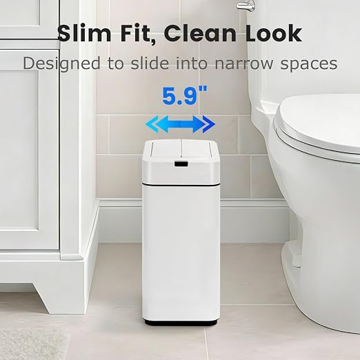 SYNCVIBE Slim Bathroom Trash Can, 2.6 Gallon, Butterfly Sensor Lid, White | Stainless Steel Garbage Can, Automatic Trash Bin, IPX5 Waterproof Wastebasket for Under Counter and Small Spaces