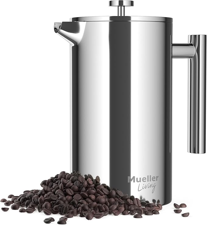 MuellerLiving French Press Coffee Maker 34oz, Stainless Steel French Press Coffee, 4 Filter Heat Resistant Double Insulated, Rust-Free, Food Grade, Dishwasher Safe Coffee Pot | 34oz | Stainless Steel | 4 Filter Heat Resistant Double Insulated | Rust-Fr...