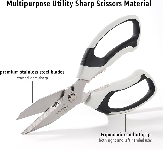 BoFuYuan Utility Scissors All Purpose heavy duty 8-Inch White | Comfort Grip, Sharp Serrated Blades Cutting Carpet Cardboard Wire Fabric, Multipurpose Shears for Kitchen Garden Office Craft