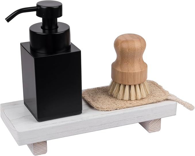 Wood Bathroom Tray Farmhouse Decor Kitchen Soap Holder, 8.7" X 3.6" White | Waterproof, Lightweight, Easy Clean, Small Wooden Riser Pedestal Stand Accessories for Office Desk, Vanity, Counter, Sink