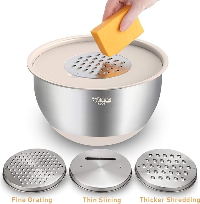 Wildone Mixing Bowls with Airtight Lids Set, 5PCS Stainless Steel Khaki Nesting Bowls for Kitchen, with Grater Attachments & Non-Slip Bottoms, Size 5, 3, 2, 1.5, 0.63 QT, Great for Mixing & Serving
