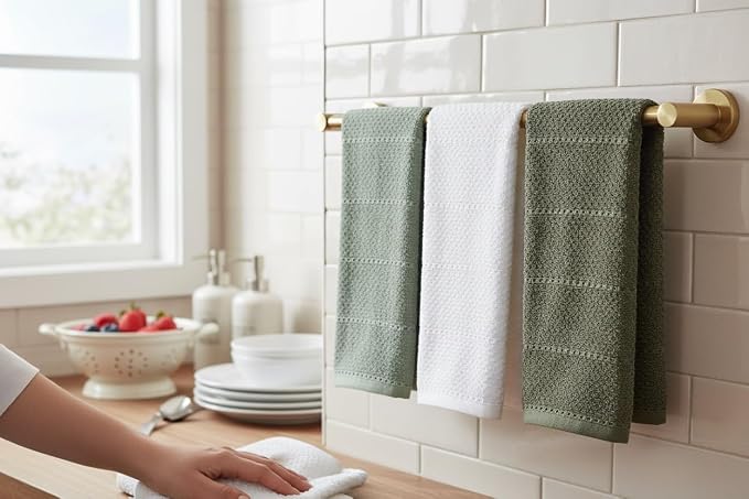 Sage White Dark Green Kitchen Dish Towels, Set of 3, 100% Cotton, 18" x 28" | Terry Loop Textured, Soft & Absorbent Cleaning Cloth, Quick Dry, Multipurpose for Everyday Use