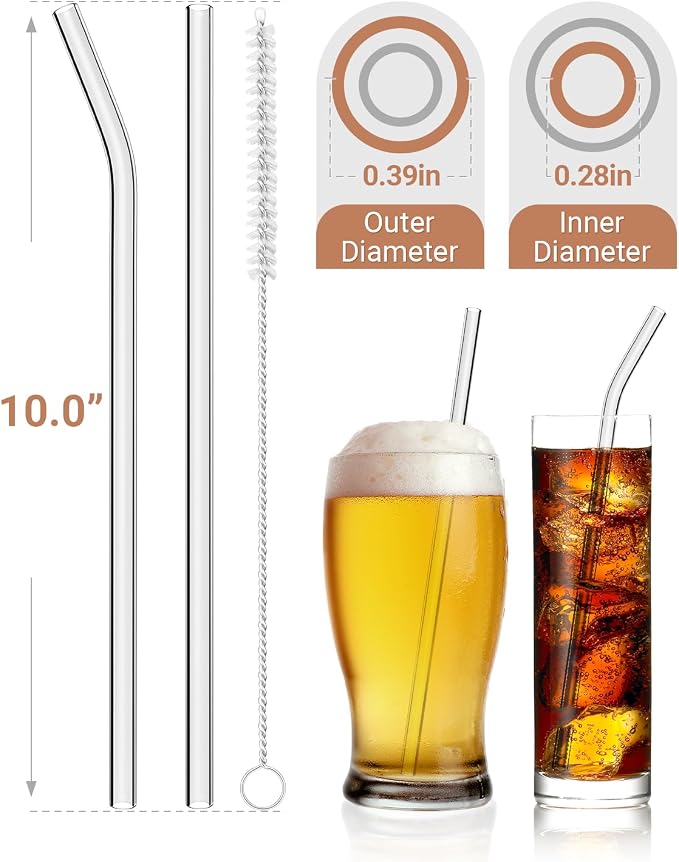 Foogwee® 20 Packs Reusable Glass Straws Set, 10'' x 10mm Clear Drinking Straws for Smoothies, Shakes, Coffee, Juice, Sodas, Milk, Tea, Cocktails, Set of 8 Straight and 8 Bent with 4 Cleaning Brushes