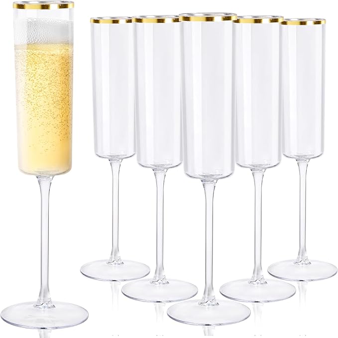 Ciaell 24 Pack Gold Plastic Champagne Flutes for Weddings Birthdays | 6 oz Clear Gold Rim Square Toasting Cups, Heavy Duty Plastic, Champagne Wine Mimosas Cocktails for Anniversaries Parties Bars