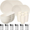 Quatish 48 Piece Plates and Bowls Sets for 6, Unbreakable Dinnerware Sets, Plastic Dish Set for Camping, Dishwasher Microwave Safe, Outdoor Kitchen and Apartment Dinning RV Essentials, Beige