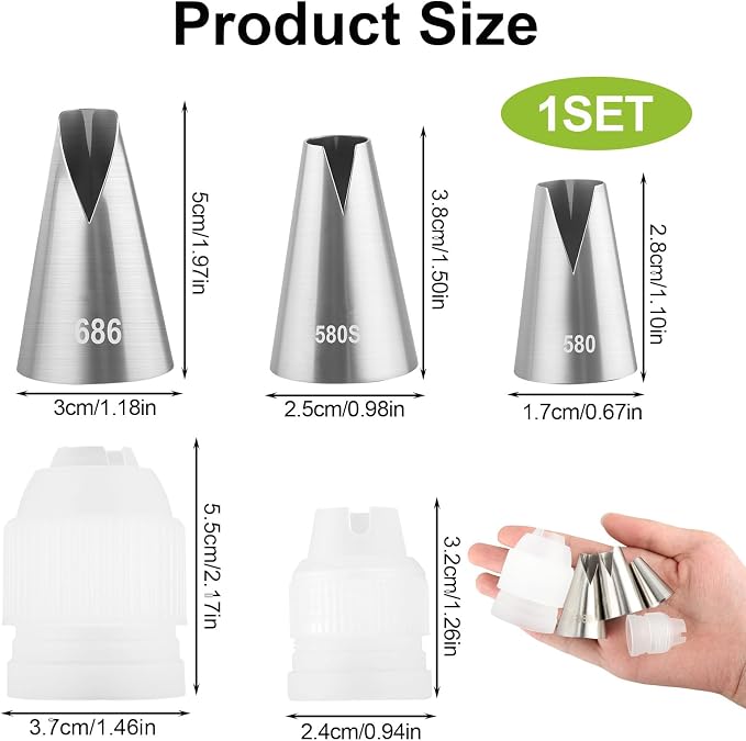 5 Pcs V-Shaped Piping Tips Set with 2 Couplers, Large Cake Decorating Tips, 304 Stainless Steel Frosting Icing Nozzles for Cupcakes, Cookies, Pastry, Dessert Baking Tools (580/686/580S)
